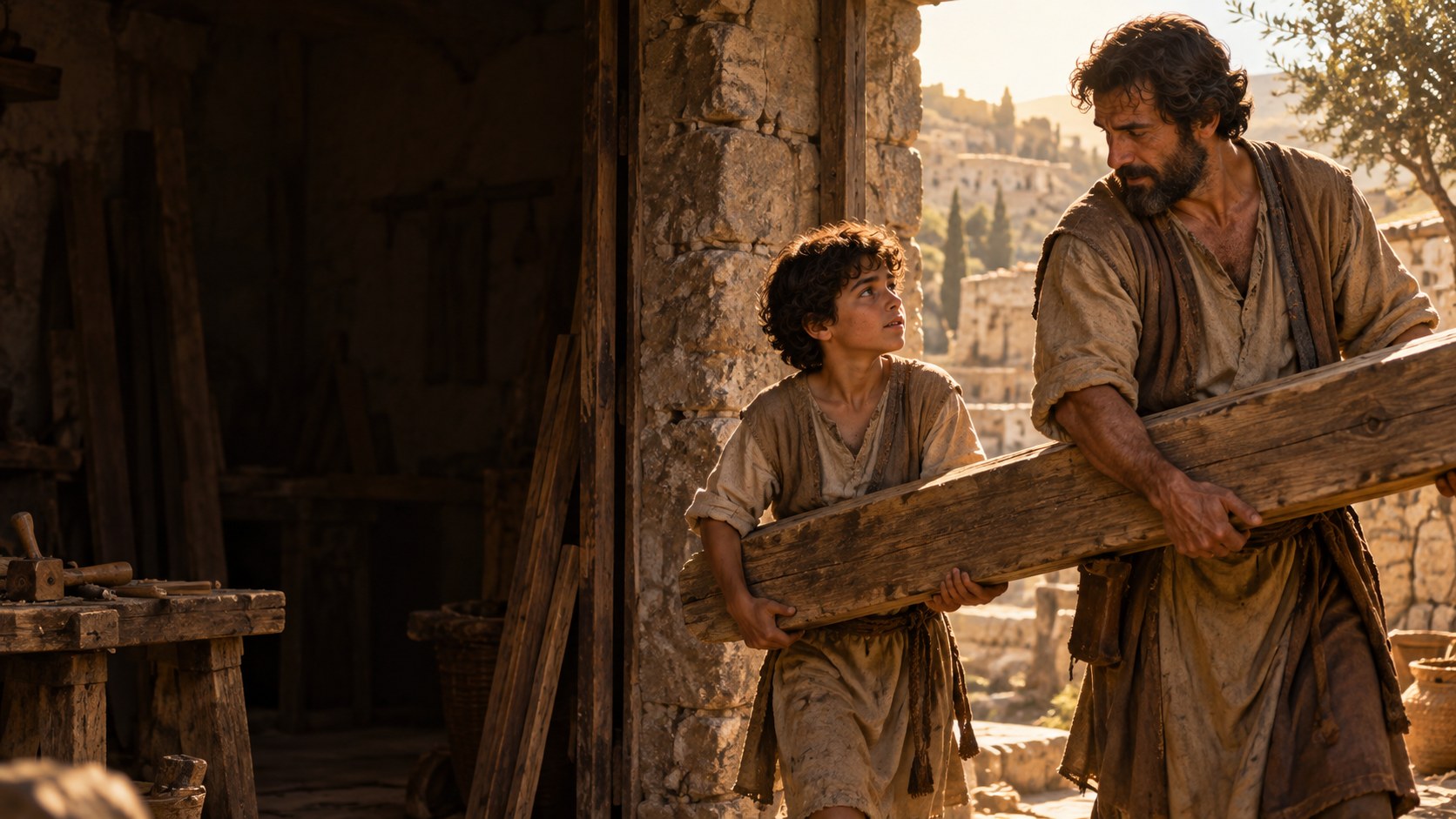 Imagined scene of a father and his young son at work in ancient Nazareth